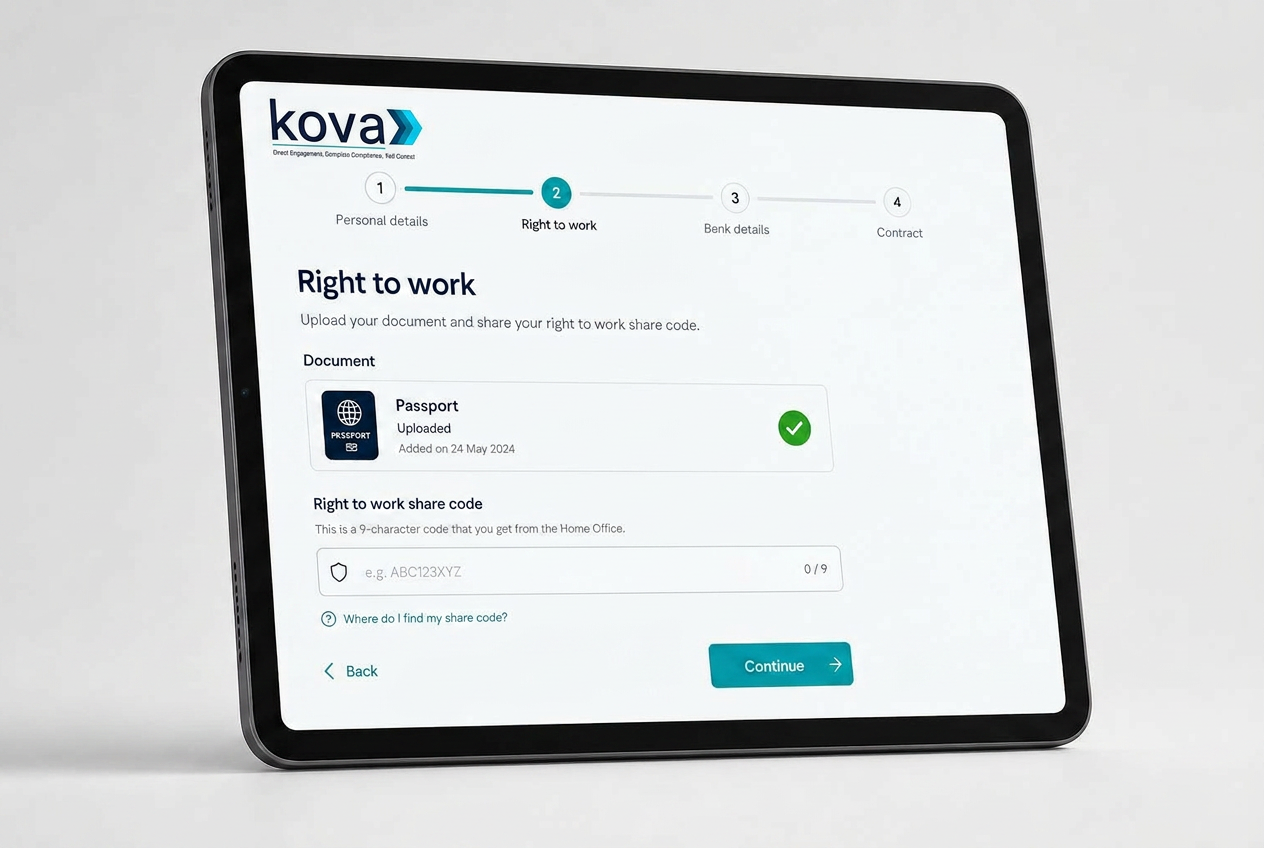 Kova onboarding flow shown on a tablet, with right-to-work step active