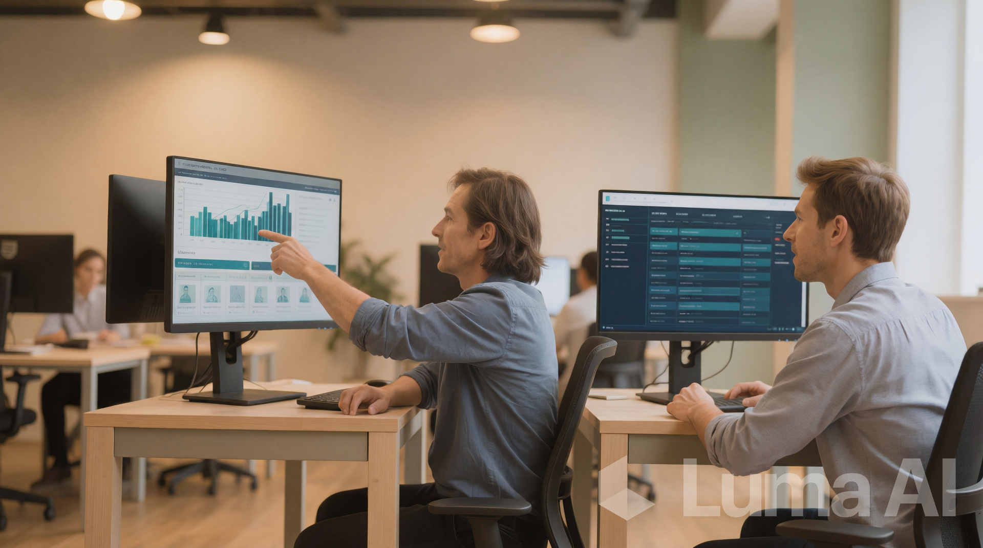 Two professionals mapping out a workforce workflow together