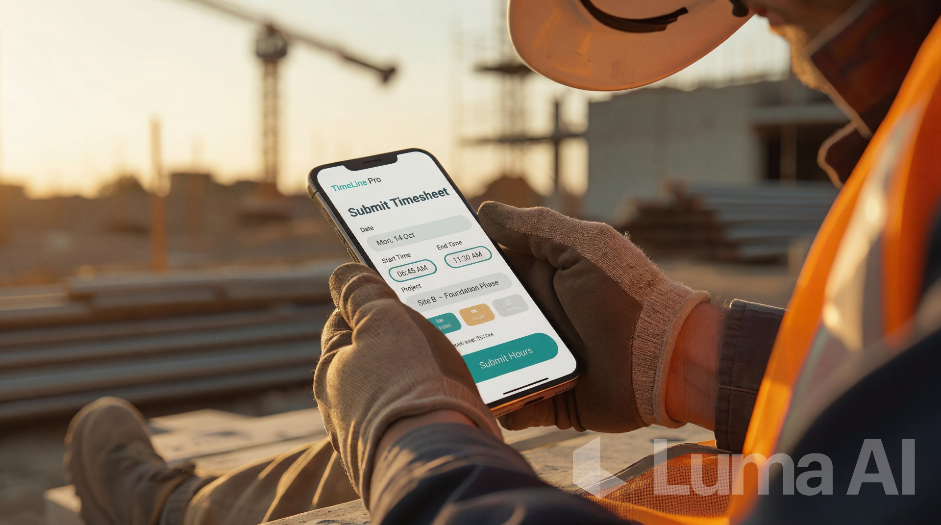 Construction worker checking timesheet and pay details on a smartphone